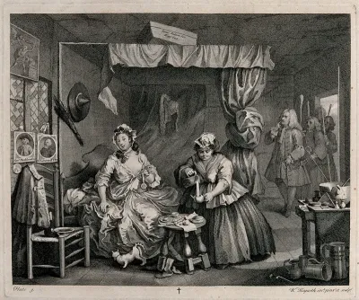 Moll Hackabout dangles a watch and a poxed maid ("bunter") empties a jug while Sir John Gonson, a magistrate, and a group of bailiffs enter the room to arrest her