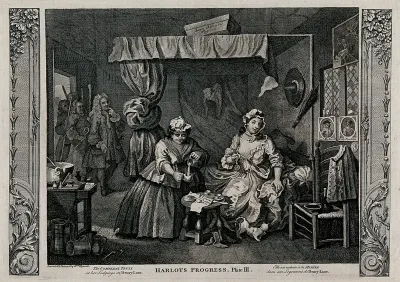 Moll Hackabout dangles a watch and a poxed maid ("bunter") empties the contents of a jug, while Sir John Gonson, a magistrate, and a group of bailiffs enter the room to arrest her