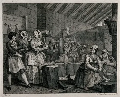 Moll Hackabout, dressed in fine clothes, is beating hemp, used for making rope, with a mallet, in a prison with other inmates who are mostly prostitutes