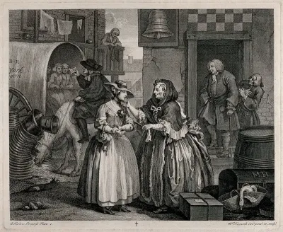 Moll Hackabout is greeted by the brothel keeper, Mother Needham; in the background Colonel Francis Charteris stands at a doorway