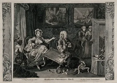 Moll Hackabout, the mistress of a wealthy Jewish merchant, in a richly decorated apartment room, kicks over a tea table as her young lover tip-toes out aided by a manservant