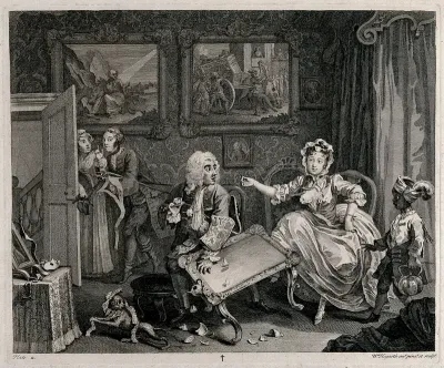 Moll Hackabout, the mistress of a wealthy Jewish merchant in a richly decorated apartment room, kicks over a tea table as her young lover tip-toes out aided by a maidservant