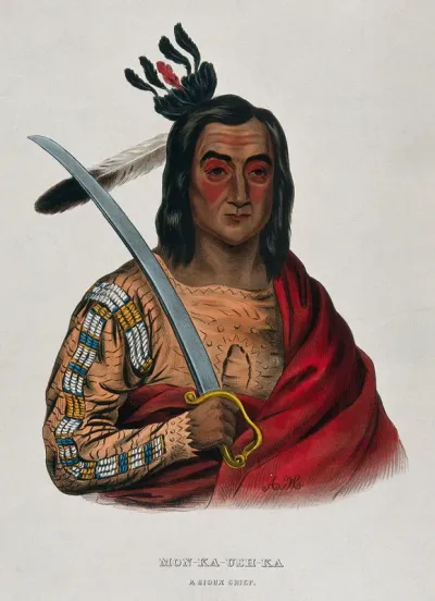 Mon-Ka-Ush-Ka (Monkaushka), a Sioux chief, holding a sword