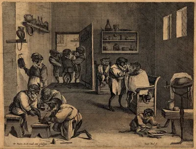 Monkeys dressed as apothecaries caring for sick animals in a surgery