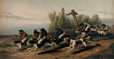 Monkeys dressed as jockeys riding hounds to the Charenton insane asylum