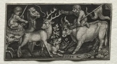 Monkeys Riding a Camel and a Bull