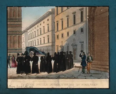 Monks carrying a corpse in a religious funeral procession, passers-by pay respect