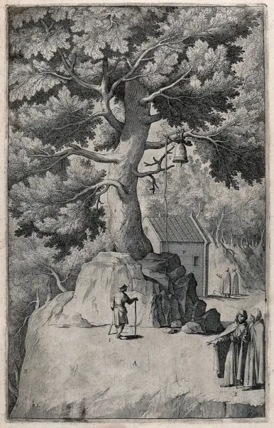 Monks on mount La Verna; bell hung on a tree