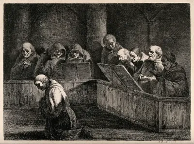 Monks singing the Liturgy of the Hours; one monk doing penance