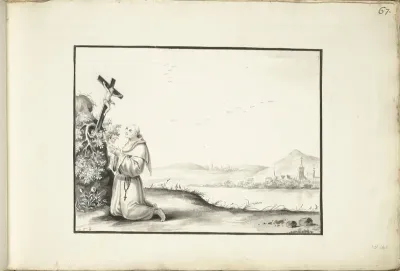 Monnik biddend voor een crucifix bij een rivier