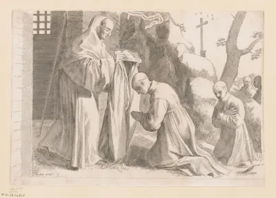 Monnik doet de geknielde H. Bernardus het monnikskleed aan