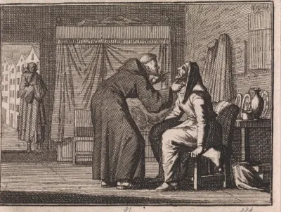 Monnik kijkt in de wijd geopende mond van een oude vrouw