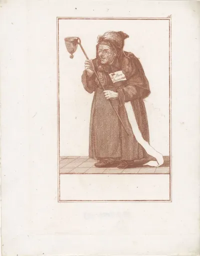 Monnik met collectebeurs