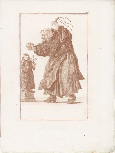 Monnik met gesel voor het beeld van Antonius van Padua