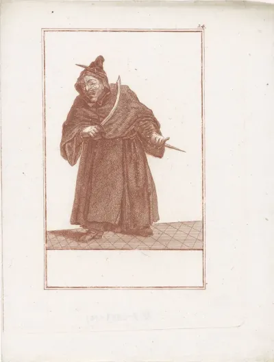 Monnik met kromzwaard en dolk.