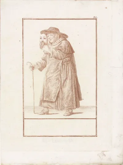 Monnik met masker in zijn hand