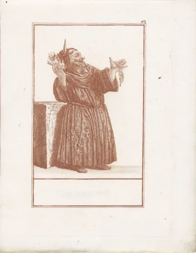 Monnik met vuur in de ene, water in de andere hand.