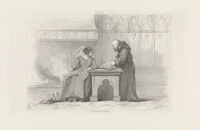 Monnik toont een boek aan een vrouw, 13e eeuw