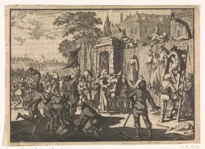 Monniken uit een klooster nabij Linz worden in de Boerenoorlog aan de muren van hun klooster opgehangen, 1596