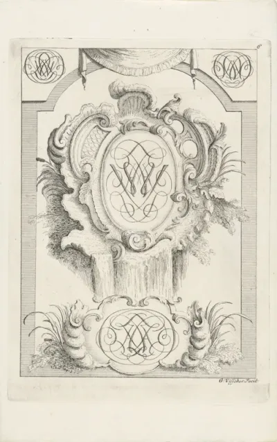 Monogram in cartouche van rocaille ornament met onderaan een waterval
