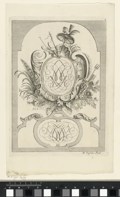 Monogram op cartouche met rondom voluten, bladornament, gebladerte en een parasol