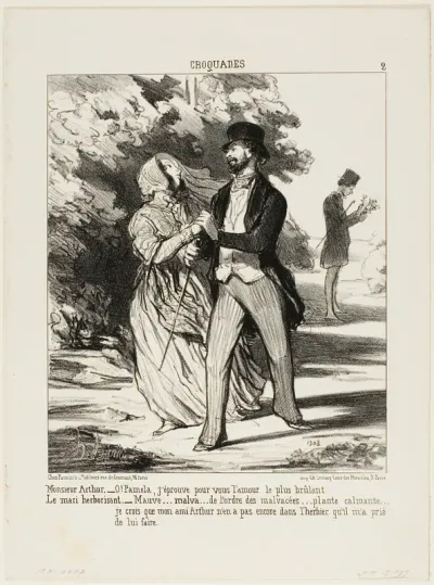 Monsieur Arthur: “- Oh Pamela! I am burning with love for you!” The husband herbalist: “- A mallow... of the family of Malvaceae... a sedative... I don't believe my friend Arthur has this specimen in the herbarium he asked me to build for him,” plate