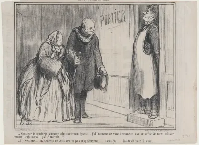 Monsieur le concierge, allant en soirée avec mon épouse..., from Les Portiers de Paris, published in Le Charivari, November 30, 1858