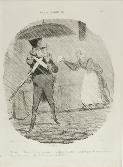“Monsieur, Monsieur, here's your handkerchief. Madame has put some Eau de Cologne on it and she said you should ask at the Guard whether you might get a foot warmer,” plate 47 from Moeurs Conjugales