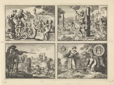 Monsters en misgeboorten, ca. 1590 /  Vier brandstichters te Praag levend verbrand, ca, 1583 / Spinola doet de muren van Mülheim afbreken, 1614 / Wonderlijke verschijning van een oud mannetje aan een arm boerenmeisje, terwijl hij haar mand vult met z