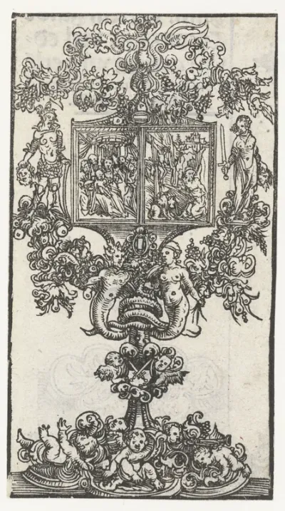 Monstrans met Maria met kind en Hieronymus als boeteling met links David met het hoofd van Goliath en rechts Judith met het hoofd van Holofernes