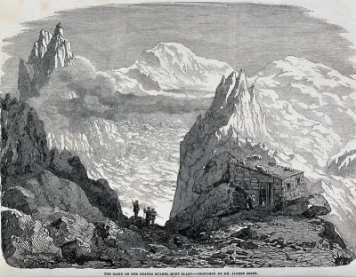 Mont Blanc: travellers outside the cabin on the Grands Mulets