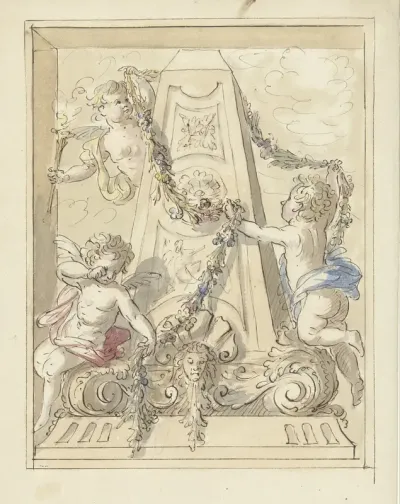 Monument door treurende putti met slingers behangen