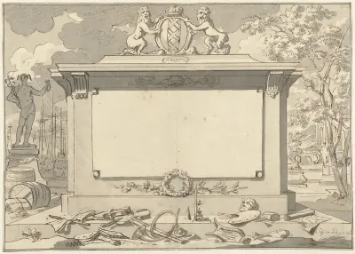 Monument met attributen van Amsterdam, de koopvaart en de kunsten