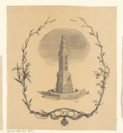Monument met een standbeeld en het jaartal '1856'
