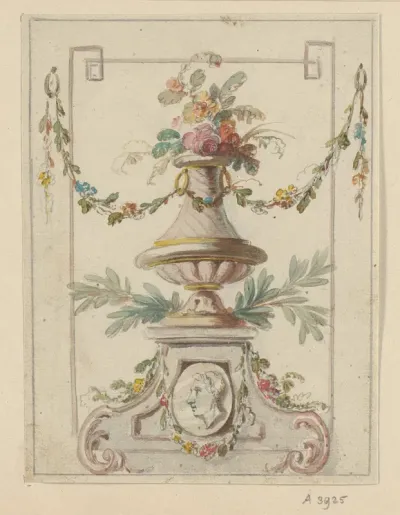 Monument met een vaas met bloemen, een guirlande en een portret