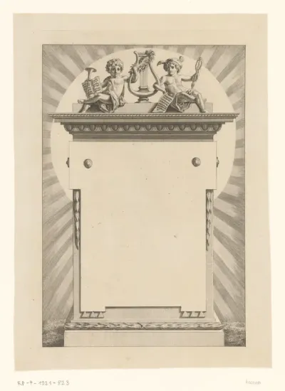 Monument met lier, Mercurius en putto met bladmuziek en bazuin