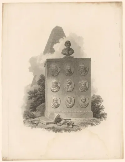 Monument met negen medaillons met portretten en een buste