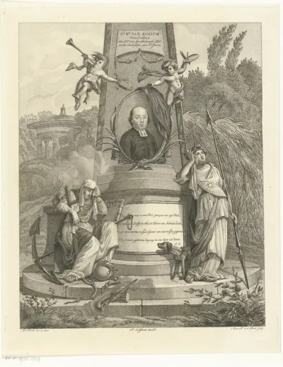 Monument ter nagedachtenis aan het overlijden van predikant Van Rossum te Delft met zijn portret en twee treurende allegorische vrouwen
