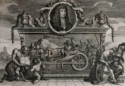 Monument with a portrait of Samuel Butler; a youth sculpts a relief as a satyr holds Butler's book Hudibras towards him while Britannia looks at her reflection in a mirror