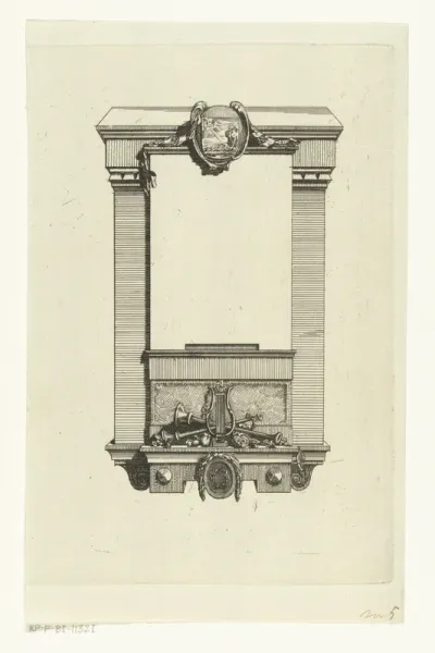 Monumentale lijst met leeg veld voor titel en muziekinstrumenten als ornamenten