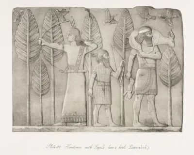 Monuments of Ninevah: Plate 32, Huntsmen with Gazelle, Hare and Birds (Khorsabad)