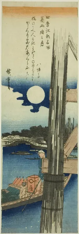 Moon over Ryogoku Bridge in Summer (Natsu Ryogoku no tsuki), from the series "Famous Places in Edo in the Four Seasons (Shiki Koto meisho)"