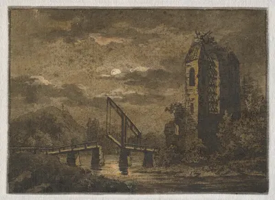 Moonlight landcape with the ruins of a water castle