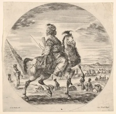 Moorish horseman in profile facing right, in the background a pyramid at left, many figures and an elephant, from "Figures on Horseback" (Cavaliers nègres, polonais et hongrois)
