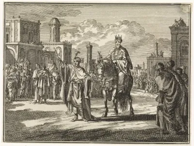 Mordechai in koninklijk gewaad door de stad gevoerd