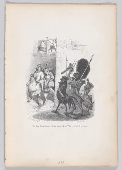 More than once, while leaving the masked ball Mr. de *** was arrested by the patrol officers, from "Scenes from the Private and Public Life of Animals"