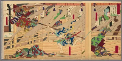 Mori Ranmaru Killed in Battle at Honnoji (Honnoji ni Mori Ranmaru uchijini no zu), from the series "The Record of Toyotomi's Achievements (Toyotomi kunkoki)"