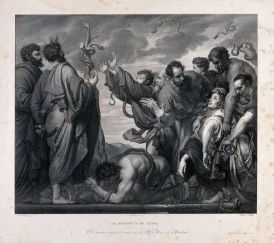Moses and Eleazar reveal the brazen serpent to the people afflicted with snakebite