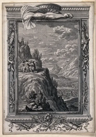 Moses' arms grow heavy as he prays for the victory of the Israelites over the Amalecites; an outstretched arm is anatomically depicted