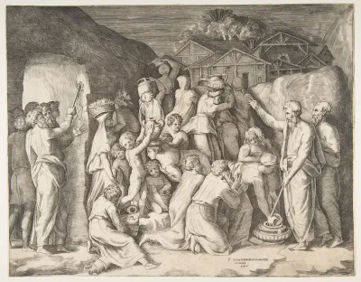 Moses at right telling the Israelites to gather the manna and at left Moses striking the rock